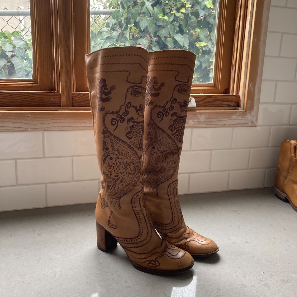 Anthropologie Tan Embroidered Leather Knee-High Heeled Boots - Picture 2 of 11